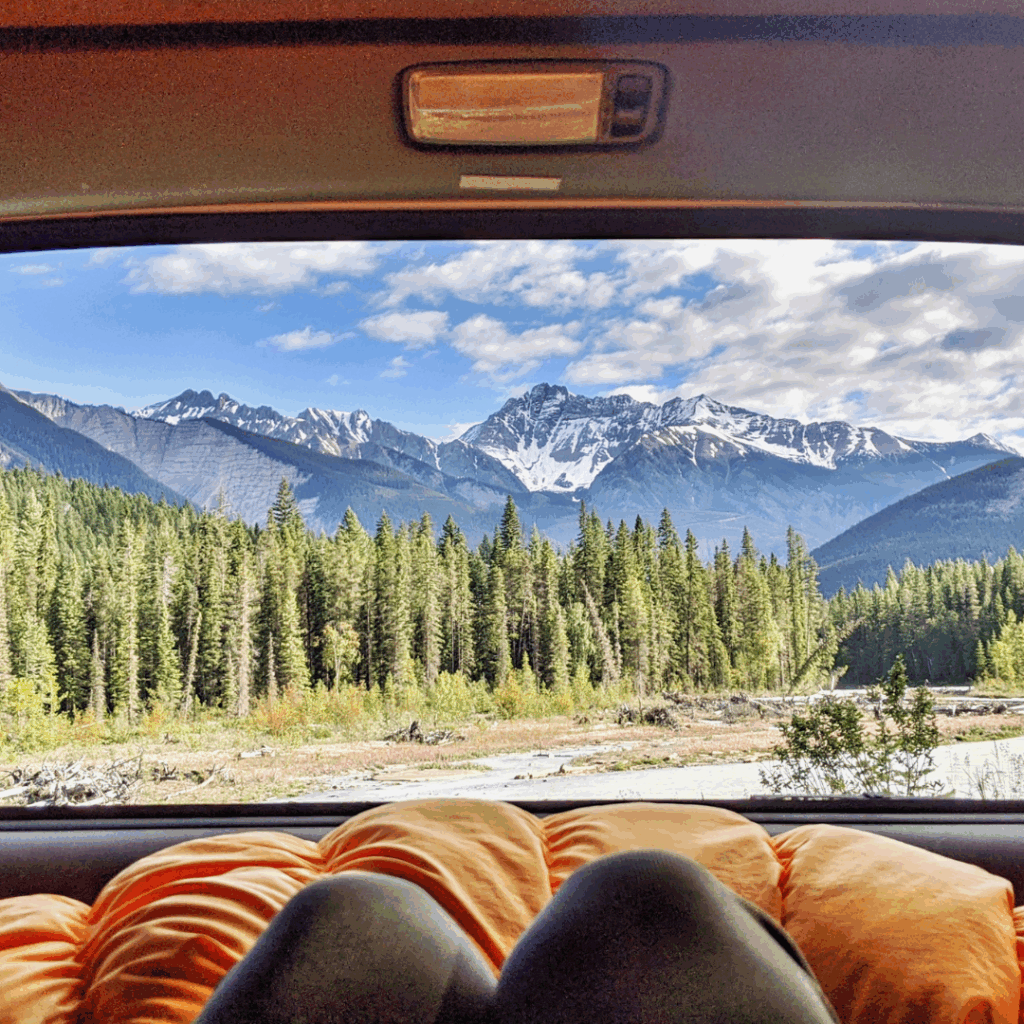 View of the mountains and trees from inside a RV