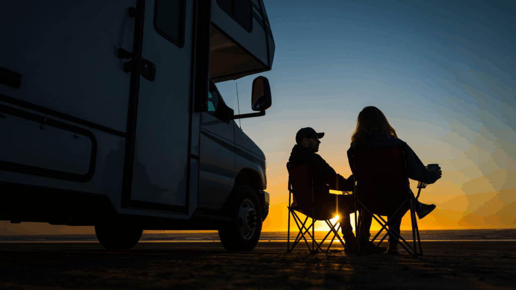 Boondockers sitting in front of a sunset