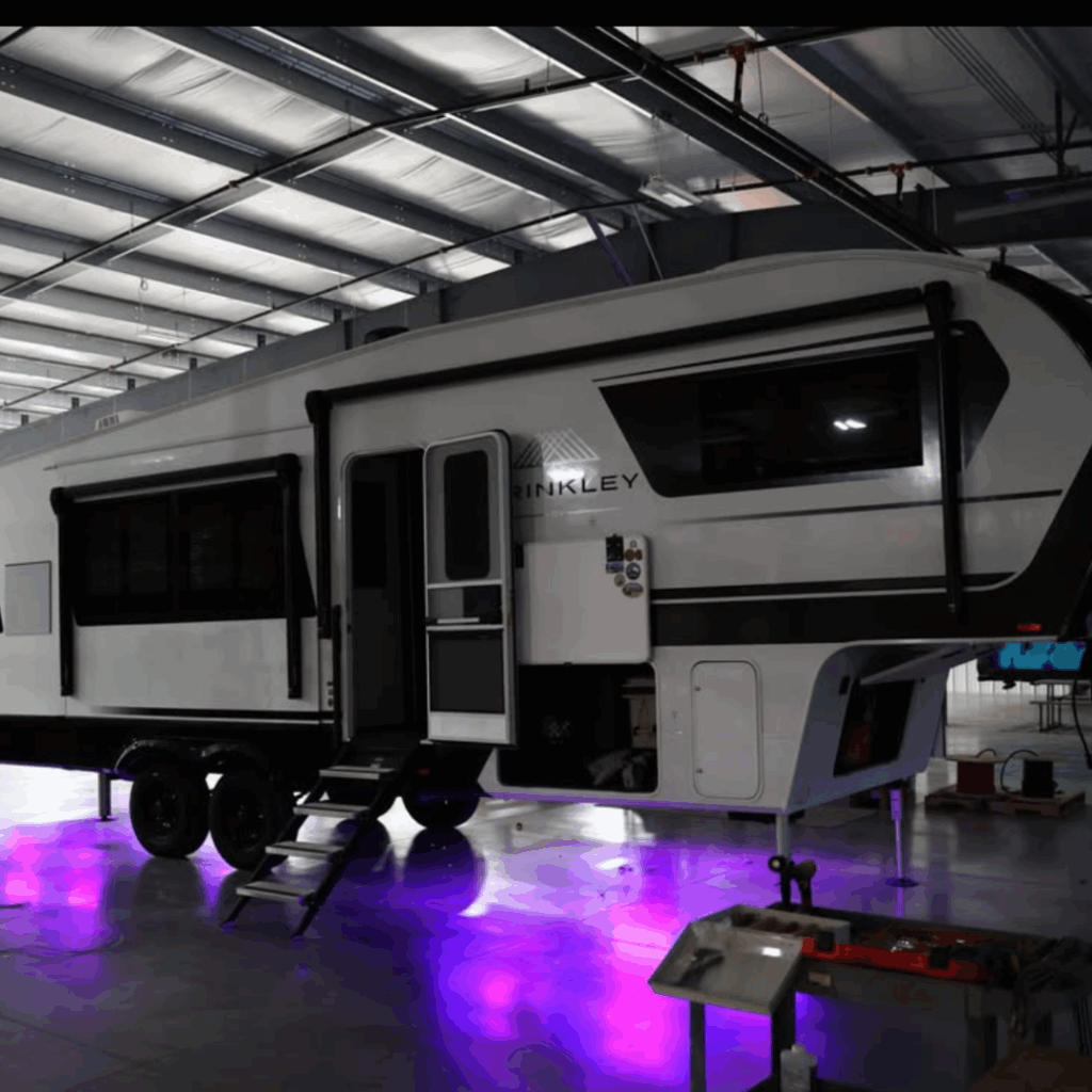 Purple lighting on a Brinkley RV for boondocking beginners
