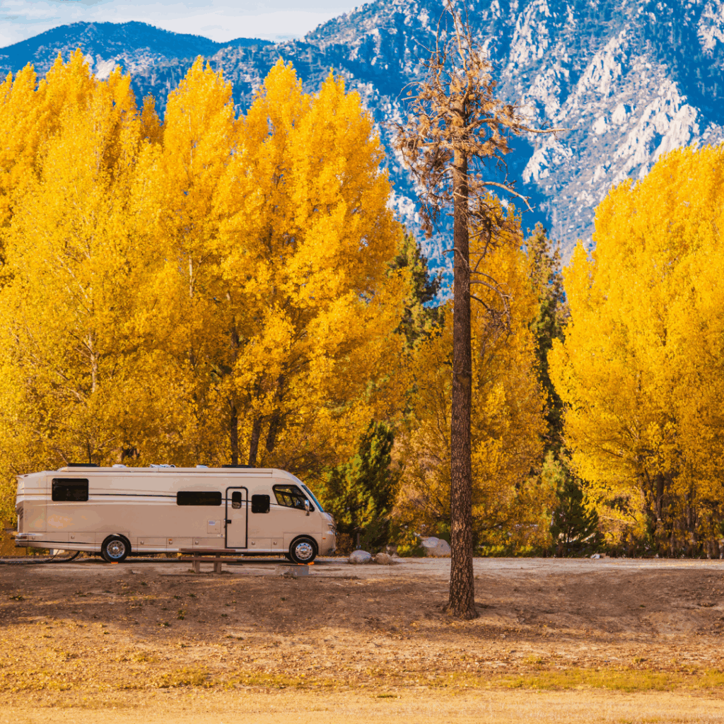 Yellow fall leaves and mountains with a RV