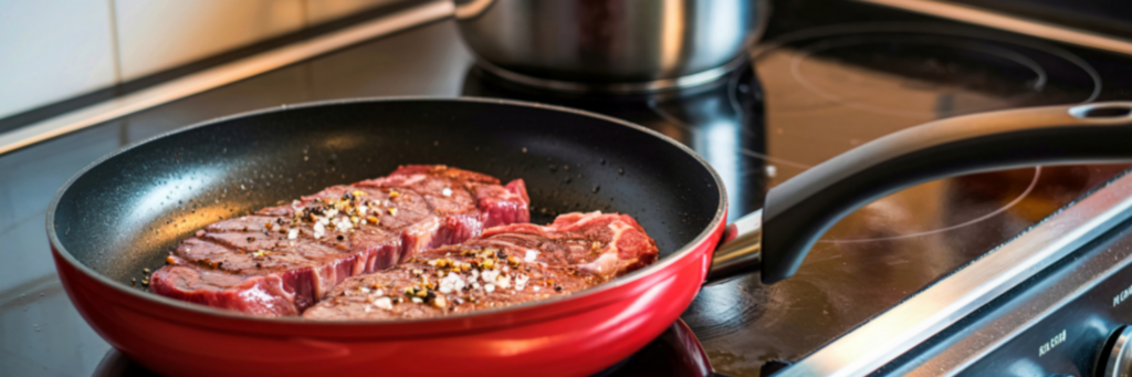 Steak cooking on a stovetop